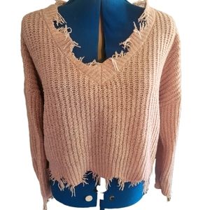 Ultra Flirt V-Neck Mauve Crop Sweater w/Raw Destructed Hem & Neck-line sz Lg EUC